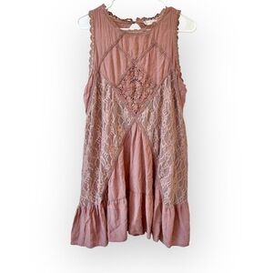 Altar’d State Brown Open Back Lace Boho Overlay Swing Shift Dress Women’s L